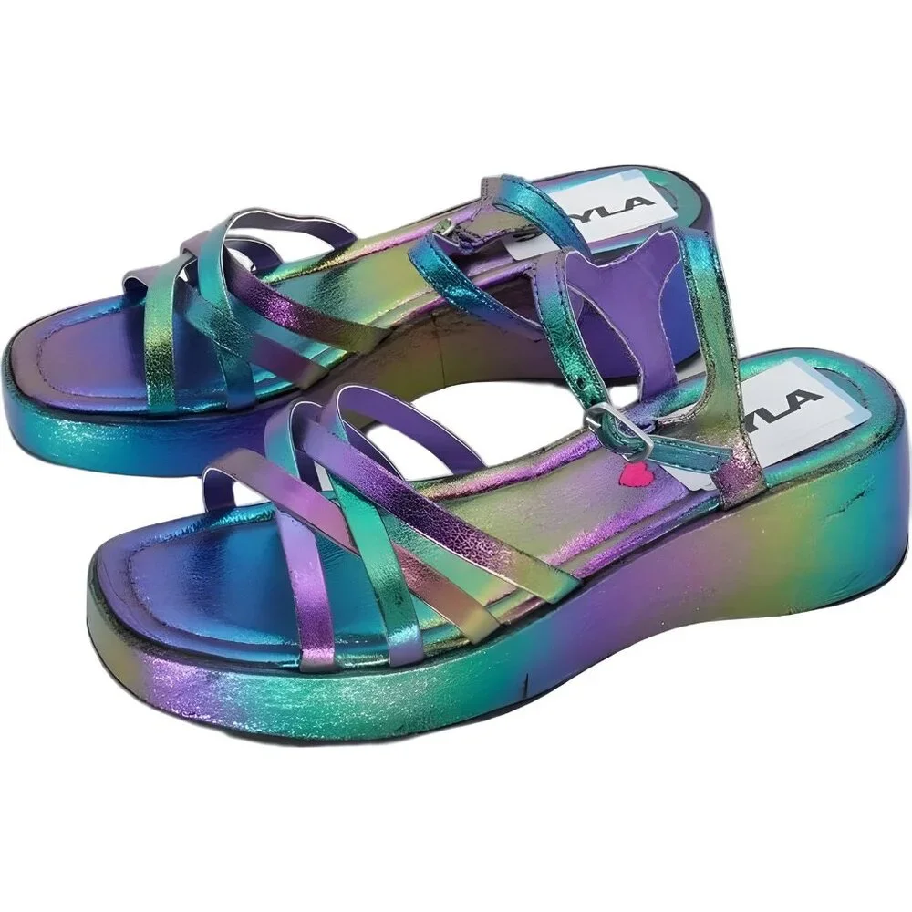 Steve Madden Girls Crazy Wedge Sandal Iridescent Straps Size 4 - Picture 2 of 6